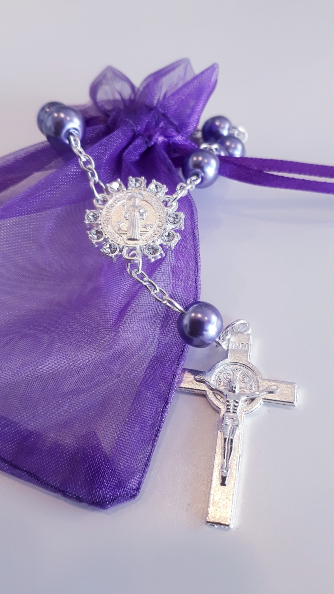 Rosenkranz im Organzasäckchen Lila Perlen/Violettes Säckchen